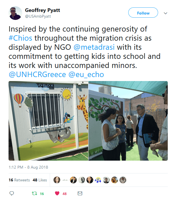 Metadrasi - Η επίσκεψη του Αμερικανού Πρέσβη στην Ελλάδα, Τζέφρι Πάιατ στην ομάδα της ΜΕΤΑδρασης στη Χίο 1 Metadrasi - metadrasi chios us ambassador twitter